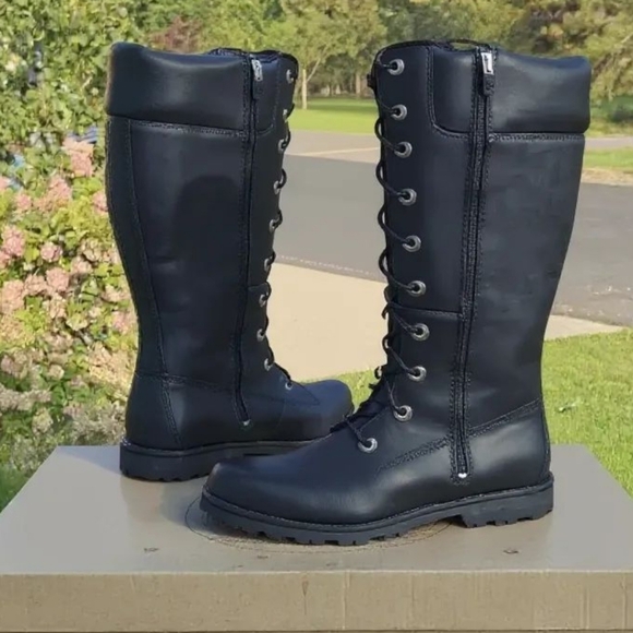 TIBERLAND black tall leather water proof lace-up Side Zip boots JR. 7 Women's 9 - Picture 2 of 16